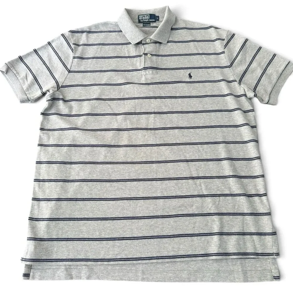 Ralph Lauren Polo Shirt Men L Gray Blue Stripe Golf Classic Cotton Pony Logo